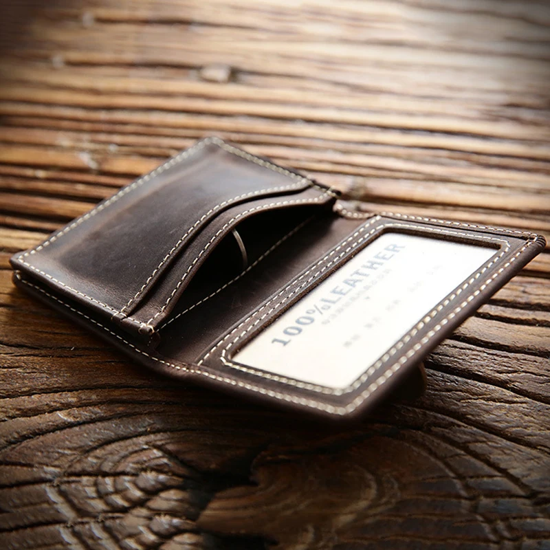 100% Genuine Leather Credit Card Holder For Men Male Vintage Crazy Horse Handmade Short Business ID Case Small Slim Wallet Purse