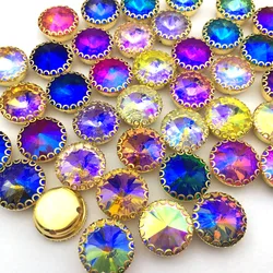 AB colors round shape strass sew on rhinestones gold base lace claw rilvoli glass crystal rhinestone Diy clothing accessories