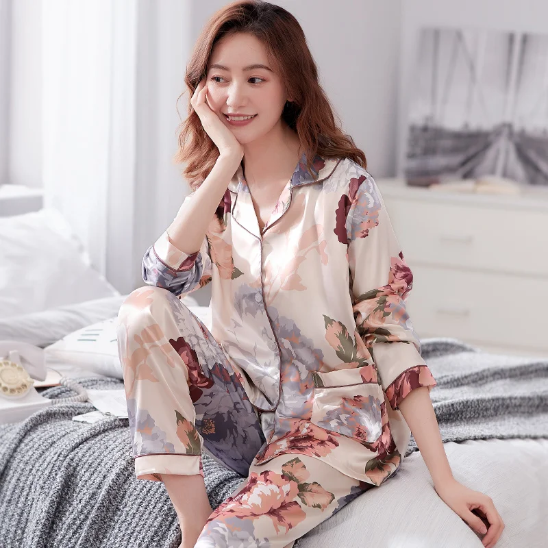 

Spring New Silk Women Pajamas Long Tops+Long Pants Two Pieces Set Womens Sleepwear 3XL Leisure Soft Female Homewear