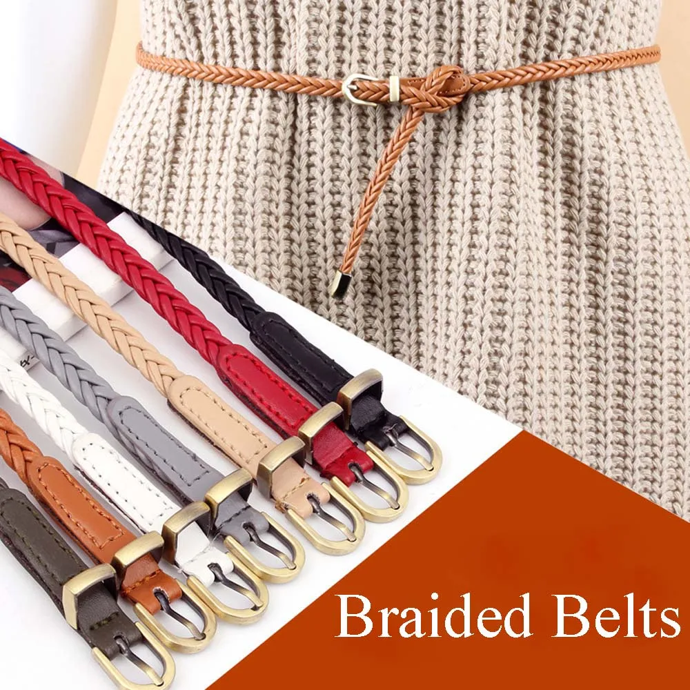 

Vintage Woven Knitted Belts For Women Boho Beach Style Handwoven Fashion Belt White Black Faux Leather Belt