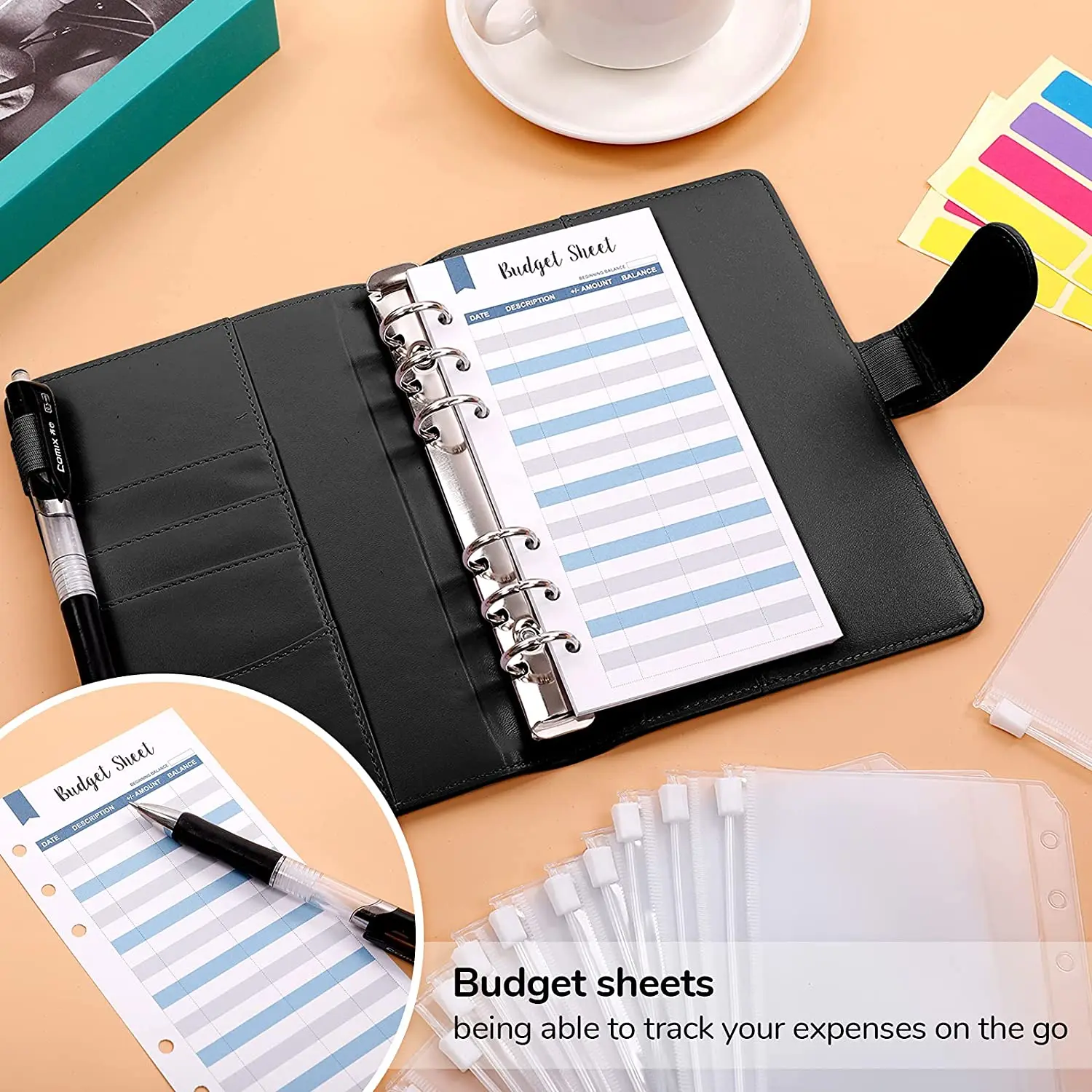 A6 PU Leather Budget Binder with 8PCS Binder Pockets,12PCS Expense Budget Sheets,6 Ring Binder Budget Envelopes with Labels