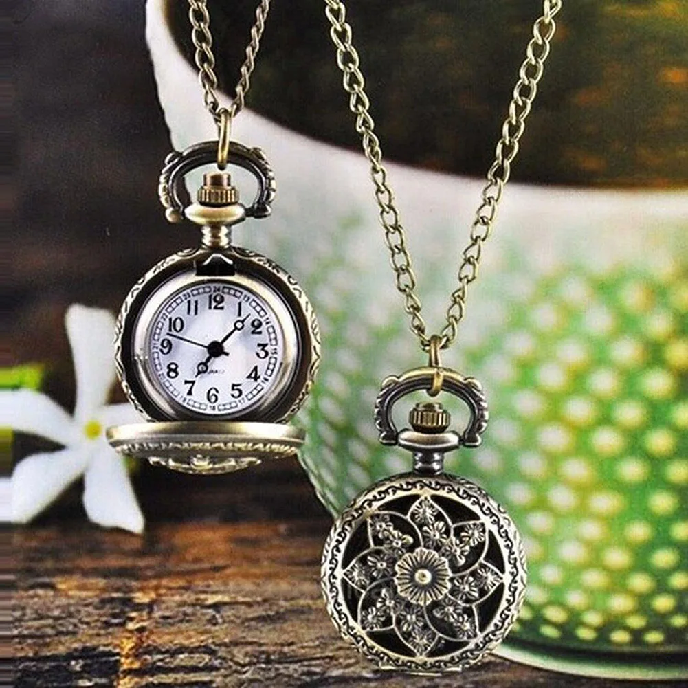 Unisex Vintage Hollow Windmill Bronze Quartz Watch Pendant Necklace Vintage Bronze Steampunk