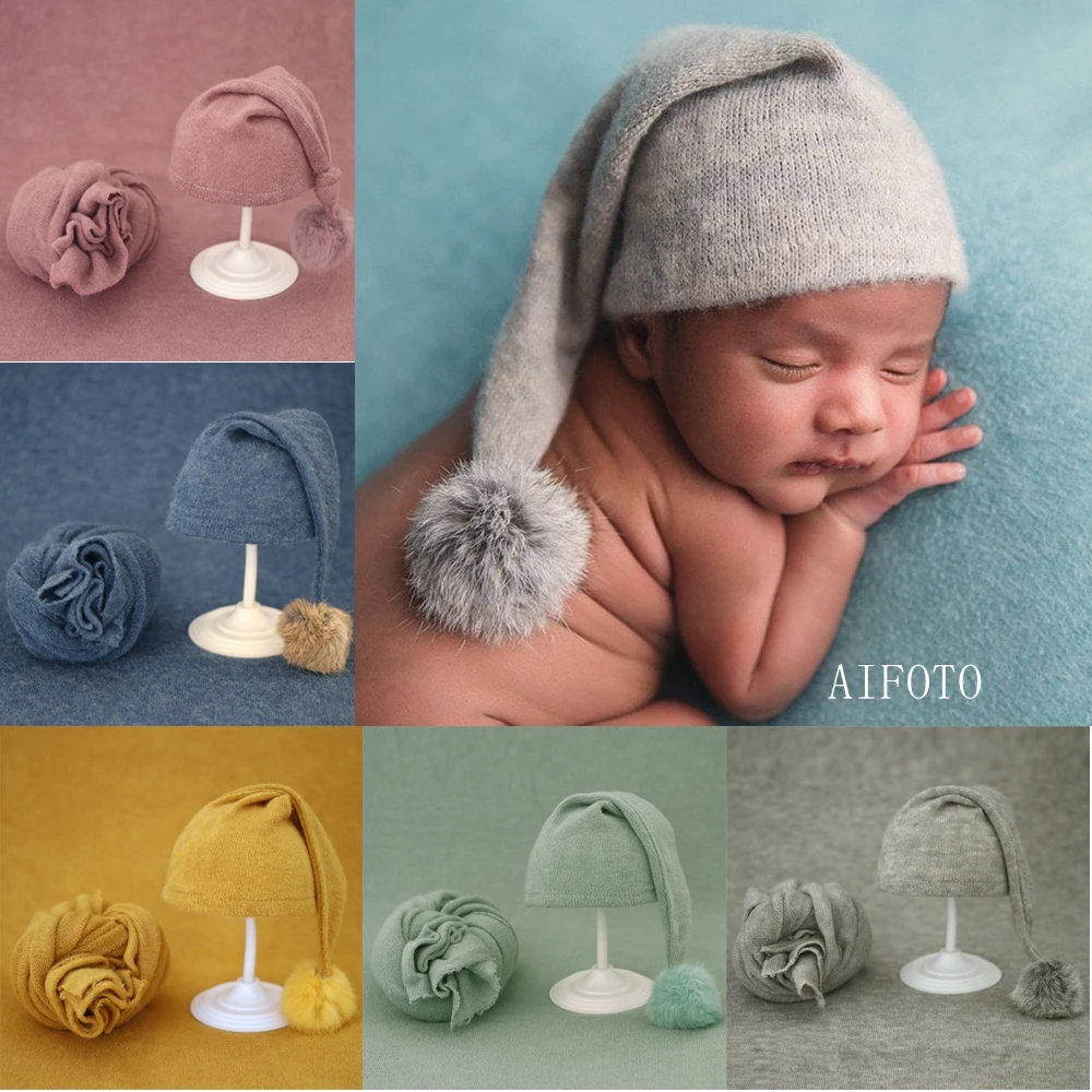 

2pcs Set Baby Photography Props Knit Fur Ball Knot Hat+Blanket，Newborn Girls Fotografia Photo Shoot Studio Accessories Bebe Cap