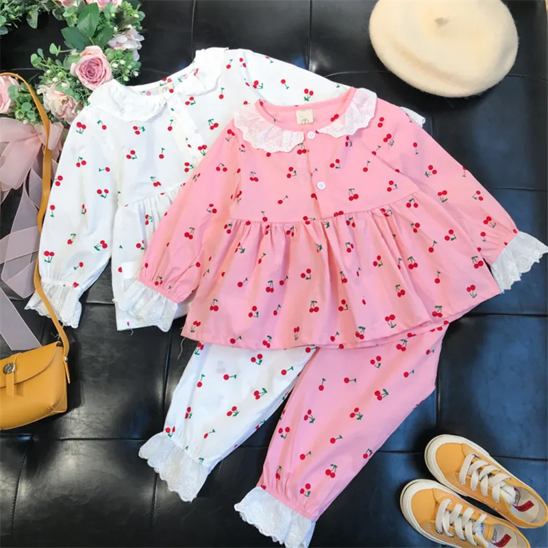 Baby Girl Lace Pajamas Set Cotton Shirt+Pant 2PCS Spring Summer Child Sleepwear Button Long Sleeve Baby Home Lounge Suit Clothes