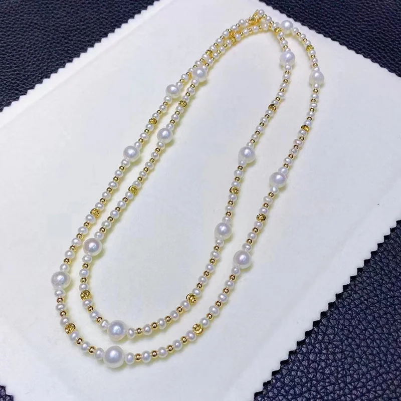 

hot selling female 90cm gold plated beads natural white genuine pearl long women necklace jewelry can customize length trendy