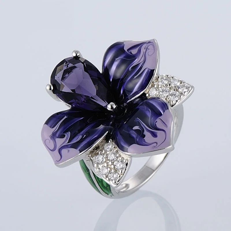 Ladies Trendy Silver Enamel Jewelry Set High Quality Purple Zircon Flower Petal Pendant Necklace Ring Earrings Wedding Party Set