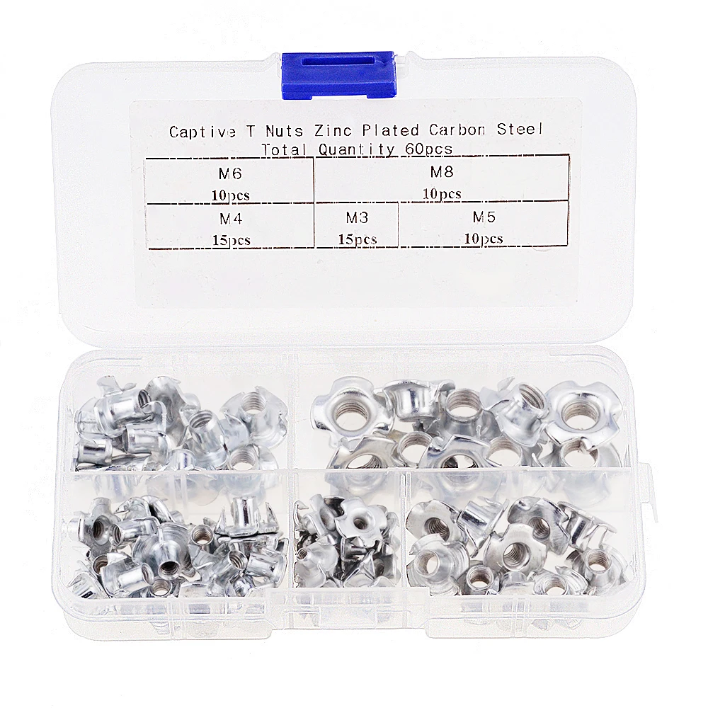 

60PCS/Box M3 M4 M5 M6 M8 Carbon Steel Zinc Plate Galvanization Pronged Tee T nut Blind Nut Furniture Four Claws Nut