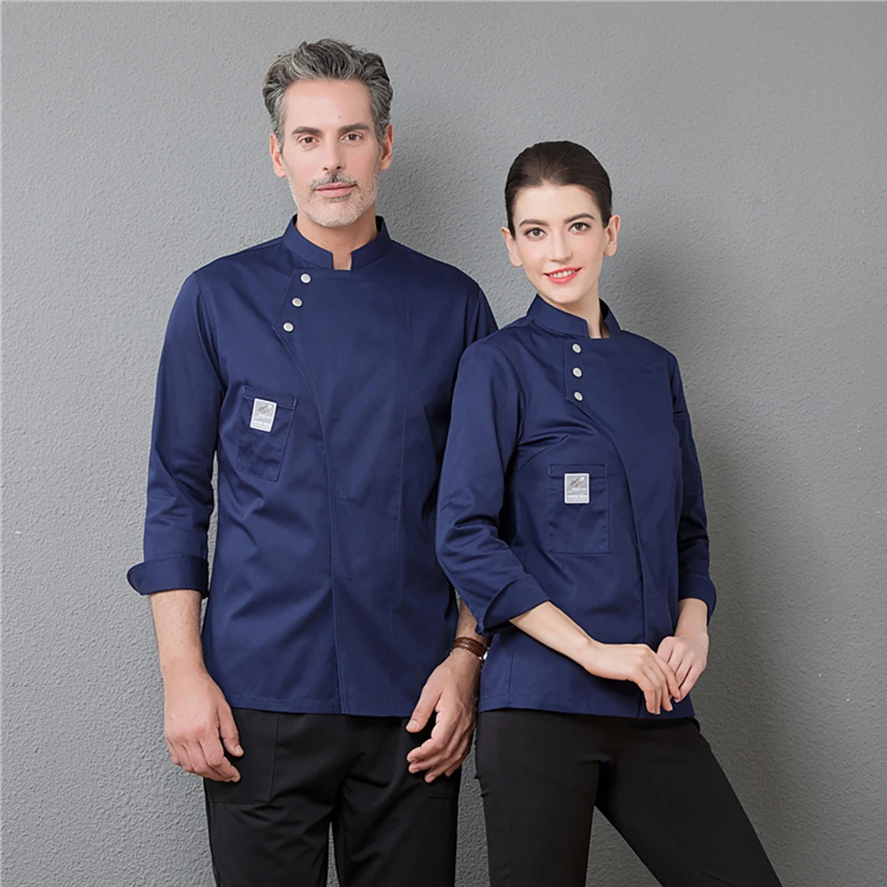 Ropa de chef de manga corta para hombre y mujer, chaqueta de Chef azul transpirable, traje de cocinero para restaurante, Hotel, ropa de trabajo, abrigo de uniforme de servicio de comida