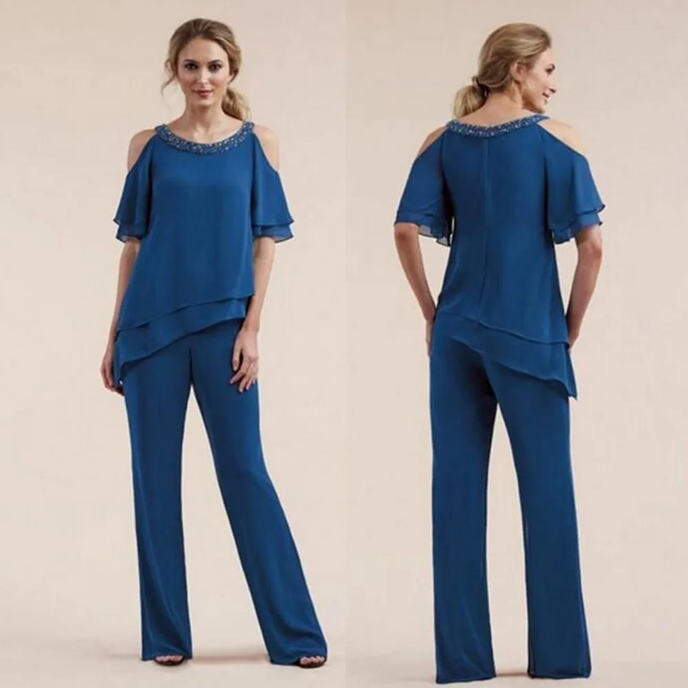 Royal Blue 2 Pcs pantaloni per la madre della sposa abito in Chiffon abiti per ospiti di nozze maniche corte abito da sera formale da donna Plus