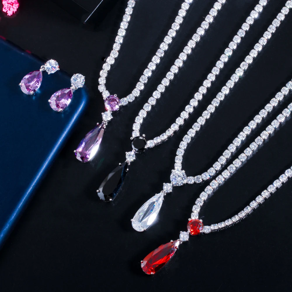 CWWZircons Top Red Purple Cubic Zirconia Water Drop Fashion Women Engagement Party Jewelry Set for Wedding Bridesmaid Gift T525