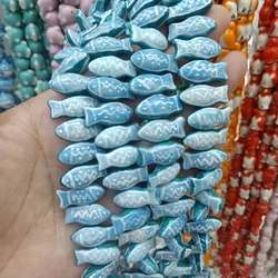 5pcs Hand Painted Pattern Fish Shape Ceramic Beads 21x10mm Loose Spacer Blue White Long Fish Bead For Jewelry Making DIY
