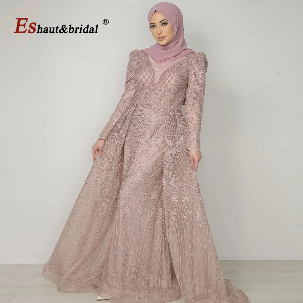 Elegant Dubai Full Lace Mermaid Evening Night Dresses 2023 Long Sleeves V Neck Crystal Handmade Formal Prom Wedding Party Gowns