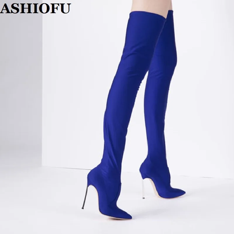 

ASHIOFU 2020 New Style Ladies High Heel Boots Shinny Bright Blue Thigh High Boots Stiletto Party Prom Fashion Winter Long Boots