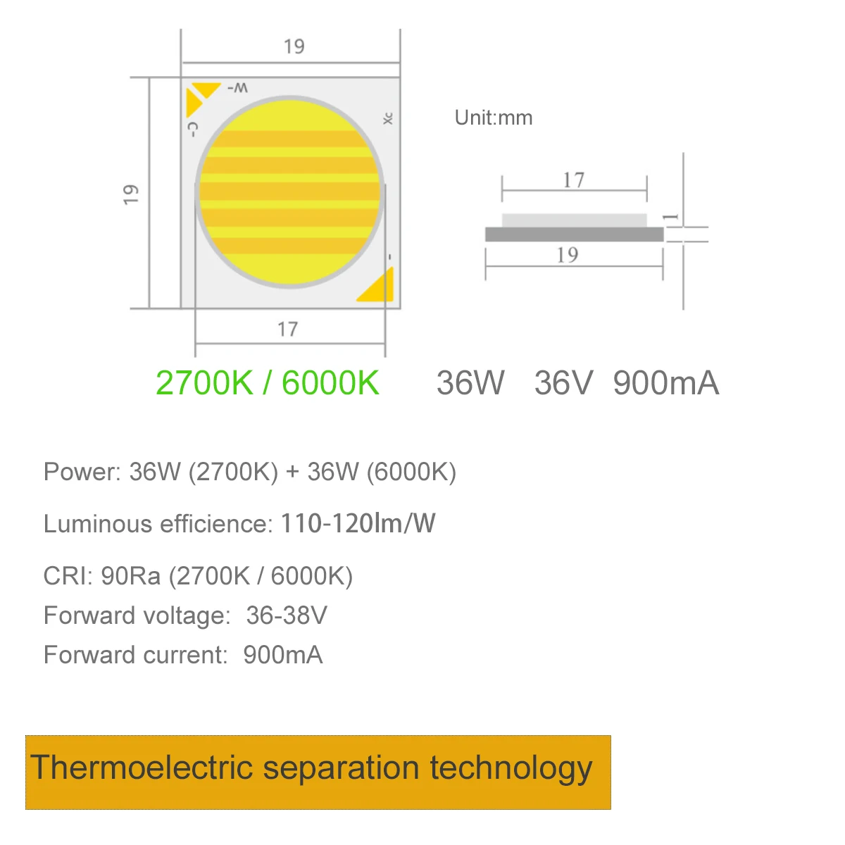 19X19mm 24W 30W 36W Warm 2700K Daylight 6000K Double Color COB LED High CRI 90Ra for Downlights Spotlights Tracking Lamp