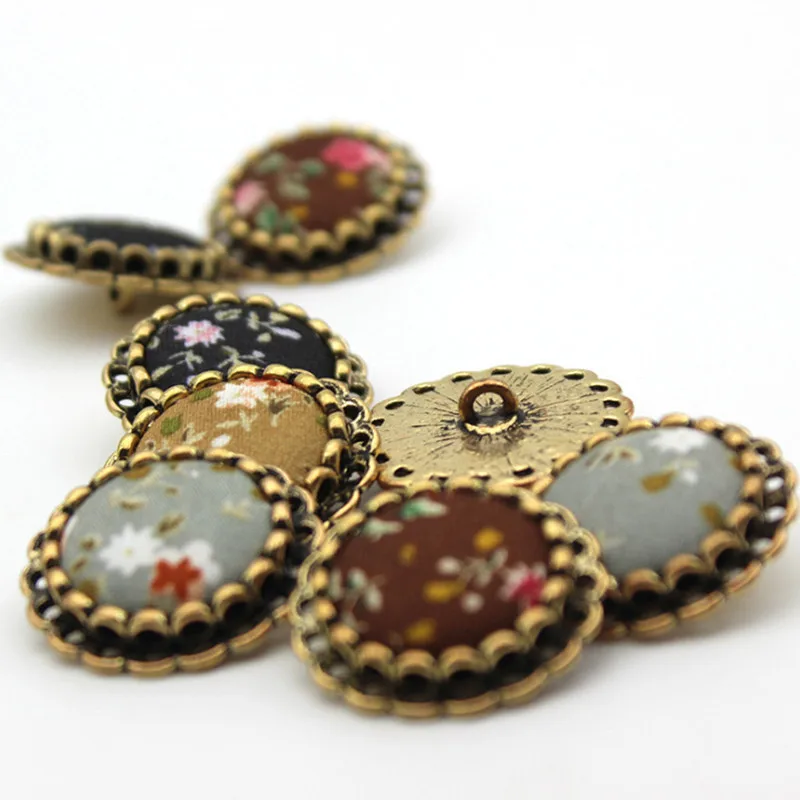 2pcs/lot Flocking Cloth Metal Button Retro Floral Wrapped Fabric Belt Drill Hair Rope Decoration Material DIY ClothingYS201015-4