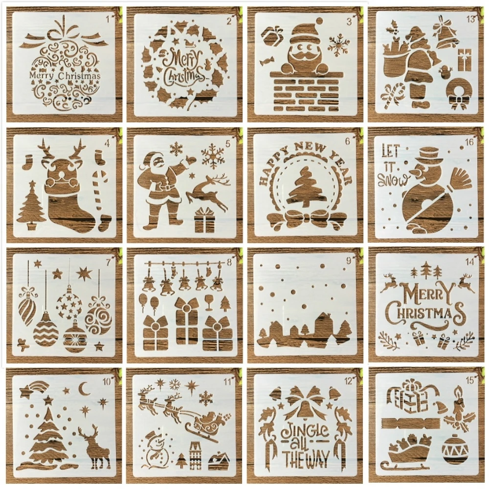 16Pcs/Set 15*15cm Christmas Santa Clause DIY Layering Stencils Painting Scrapbook Coloring Embossing Album Decorative Template