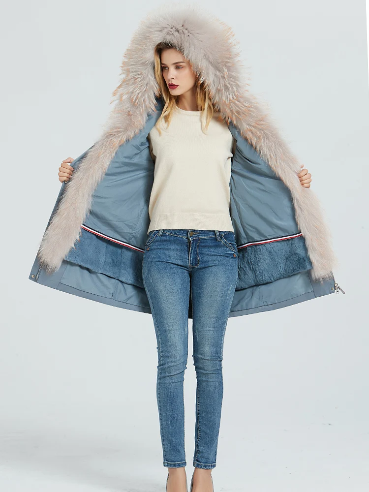 Rabbit Boollili Real Fur Liner Parka Real Fur Coat Winter Jacket Women Raccoon Fur Collar Long Jackets for Women Warm Outwear