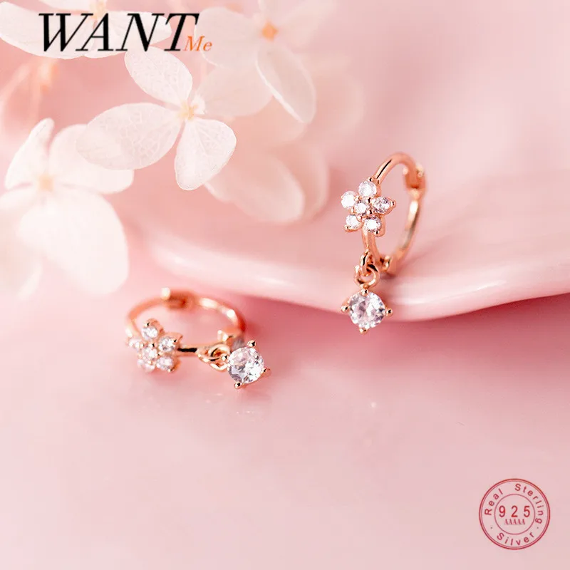 

WANTME 925 Sterling Silver Charming Geometry Zircon Five Petal Flower Earrings for Women Fashion Korean Romantic Party Jewelry