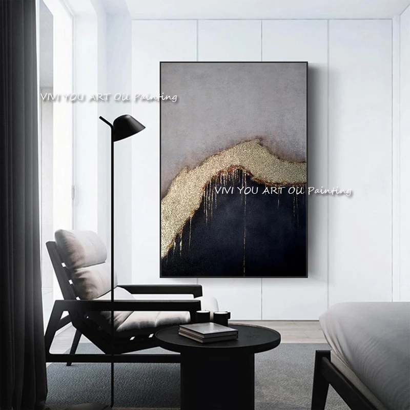 Gold Painting Black Grey Sea Ocean Waves Wall Art Handmade Nordic Posters Wall Pictures For Living Room Decoration