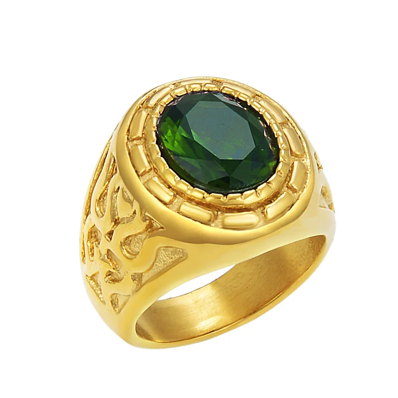 Men\'s Gold Color Vintage Ring Green Crystal Stone Ring Stainless Steel Wedding Band Crystal Anillos Mujer Jewelry