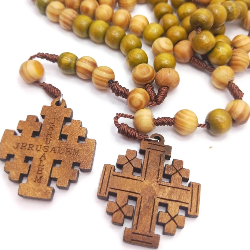 JERUSALEM Wooden Beads Cross Necklace Jesus Rosary Necklace Sweater Chain Long Woman Necklace Catholic Eligious Jewelry