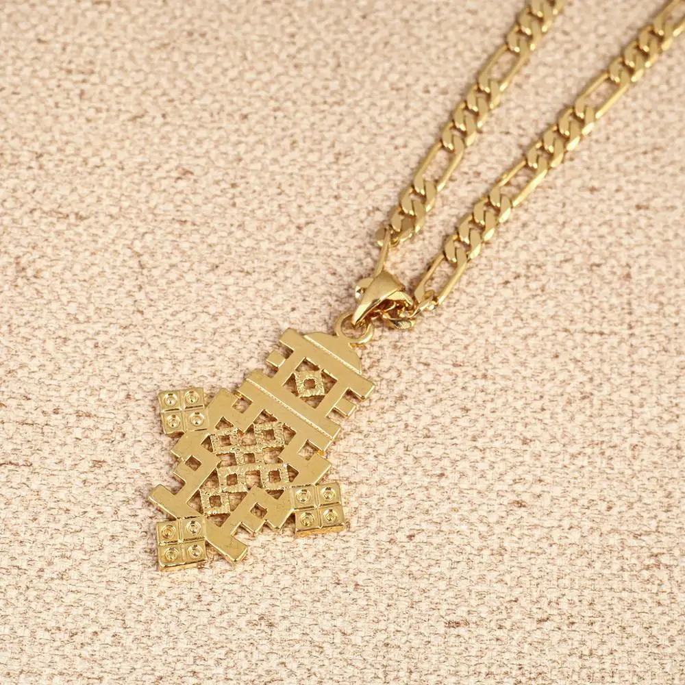 Ethiopian Gold Color Cross Pendant Necklace Coptic Cross  African Wedding Jewelry