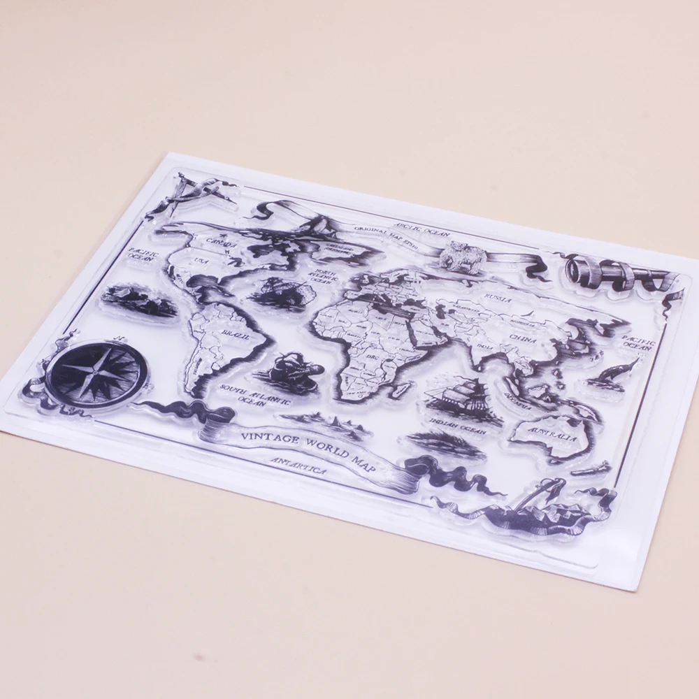 Alinacutle Clear Stamp Vintage World Map Scrapbooking Handmade Card Album Paper Craft Rubber Transparent Silicon Stamp