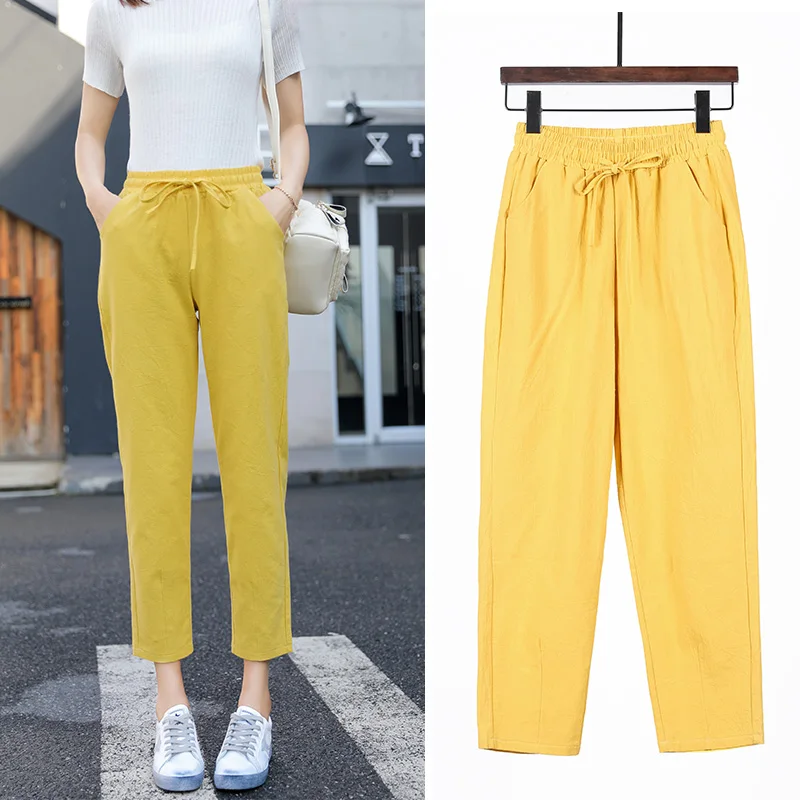 Women Summer Autumn Pants Cotton Linen Solid Elastic Waist Candy Colors Harem Soft Trousers Female Lady High Quality Pant S-XXL