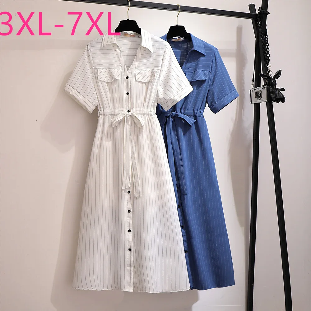 Robe chemise ample à manches courtes pour femmes, grande taille, rayures bleues et blanches, ceinture, longue, 3XL, 4XL, 5XL, 6XL, 7XL, été, nouveau, 2023