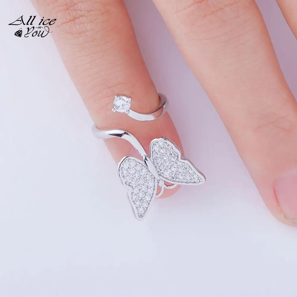 ALLICEONYOU Best Quality Delicate Fashion Street AAA Cubic Zirconia Butterfly Iced Out Ring Hip Hop Silver Color Jewelry Gifts