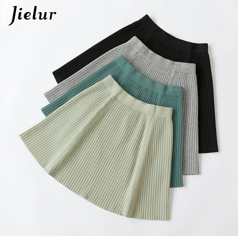 

Jielur Mini Autumn Winter Skirts Womens Slim Saia Faldas A-line Skirts Chic New Korean Solid Color Women Skirt Elastic Waist