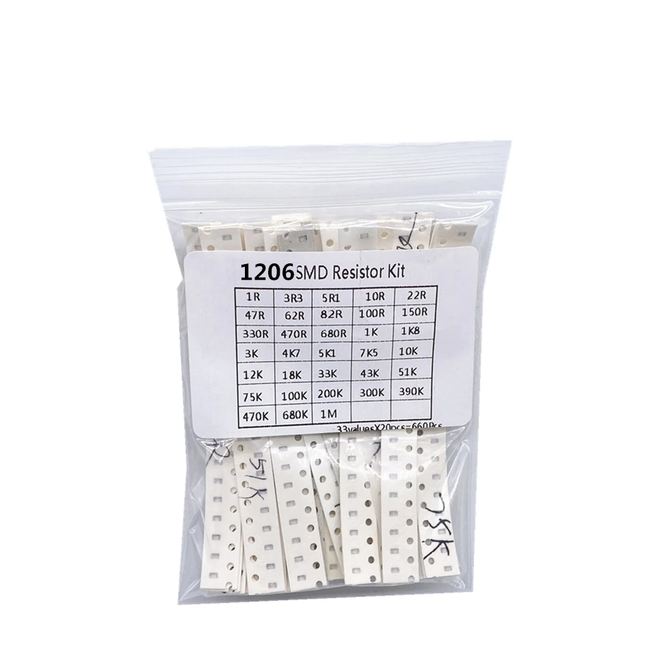 1206 SMD Resistor Kit Assorted Kit 1ohm-1M ohm 1% 33valuesX 20pcs=660pcs Sample Kit