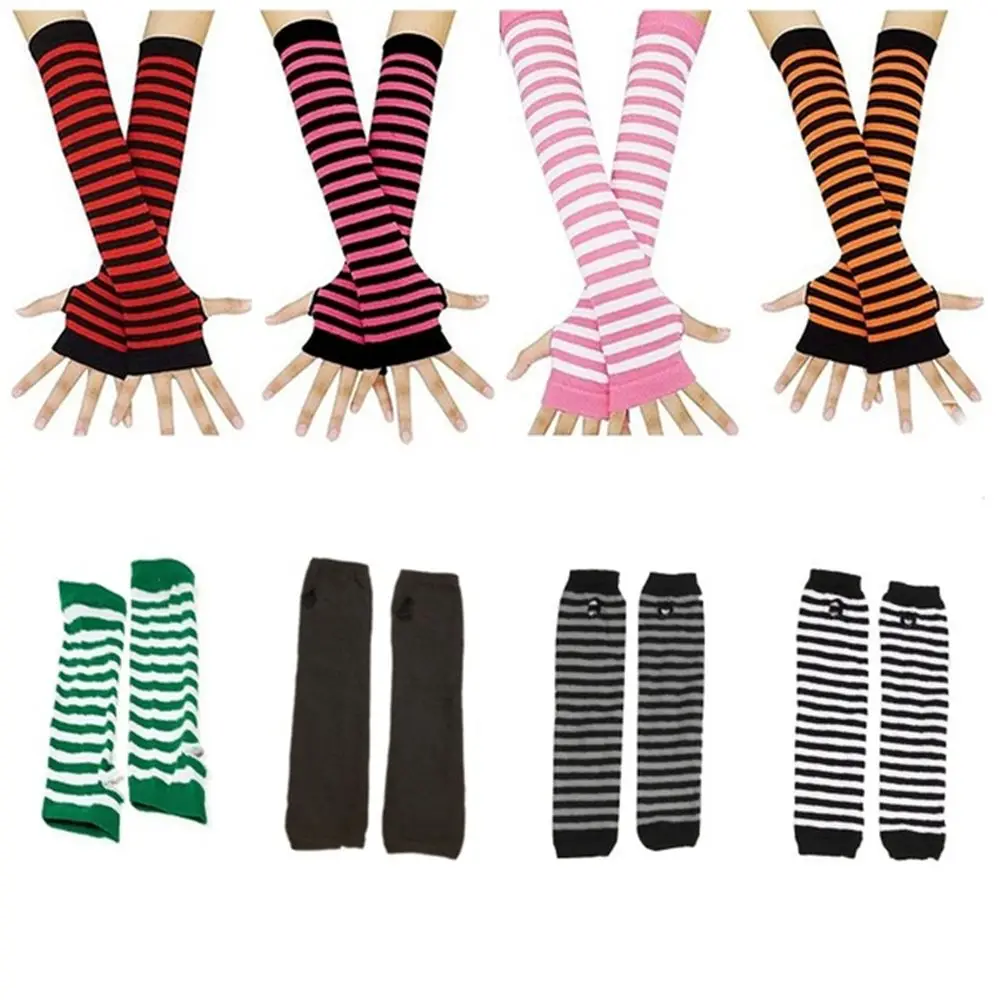 

Women Girls Cotton Long Sleeve Wristband Elbow Mitten Fingerless Long Glove Knitted Gloves