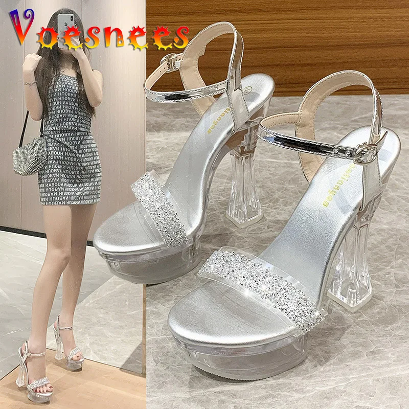 Crystal Heels Women Clear Platforms Shoes 2022 Summer Bling Silvery High Heels Sandals Female Transparent PVC Sexy Wedding Shoes