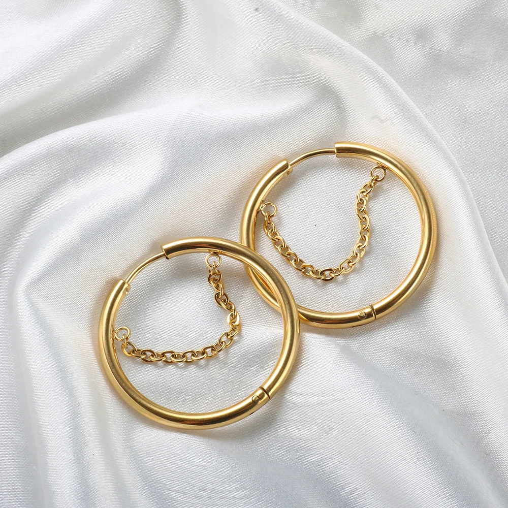 2PC /Set Stainless Steel Small Hoop Earrings for Women Golden Circle Thick Ear Ring Piercing Tassel With Chain Earrings Jewelry