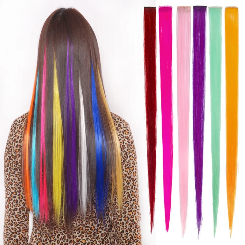 1 PCS Fashion Girl Colorful Seamless Piece Long Straight Hair Wig With Color Clip Hair Extension Piece