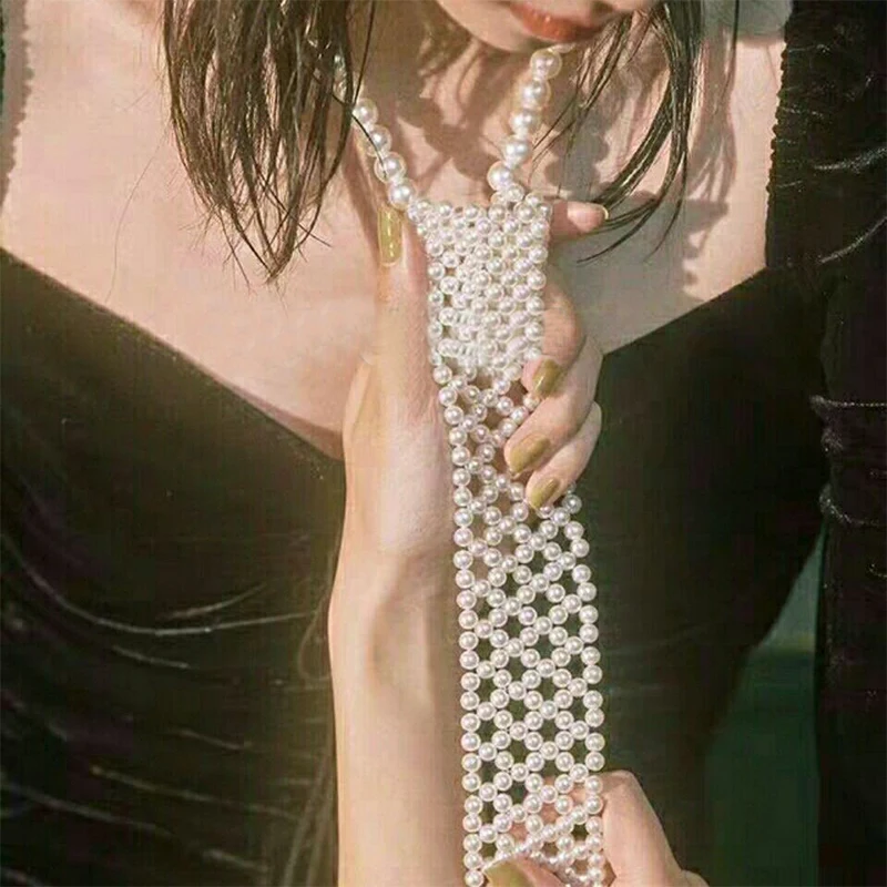 Hand Woven Beaded Hollow Out Vintage Pearls Tie for Women Long Necklace Wedding Jewelry Accessory Gift