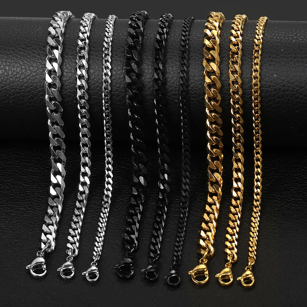 Gold Color Stainless Steel Curb Chain Necklace for Men Women 3 TO 11 MM Neck Chain Choker Vintage Jewelry