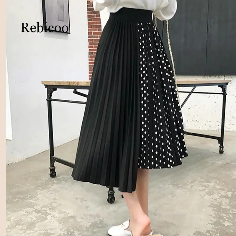 

Fashion Spliced Polka Dot Skirt Women Harajuku Irregular Midi Faldas Largas Mujer Pleated Skirt White Black Jupe Femme
