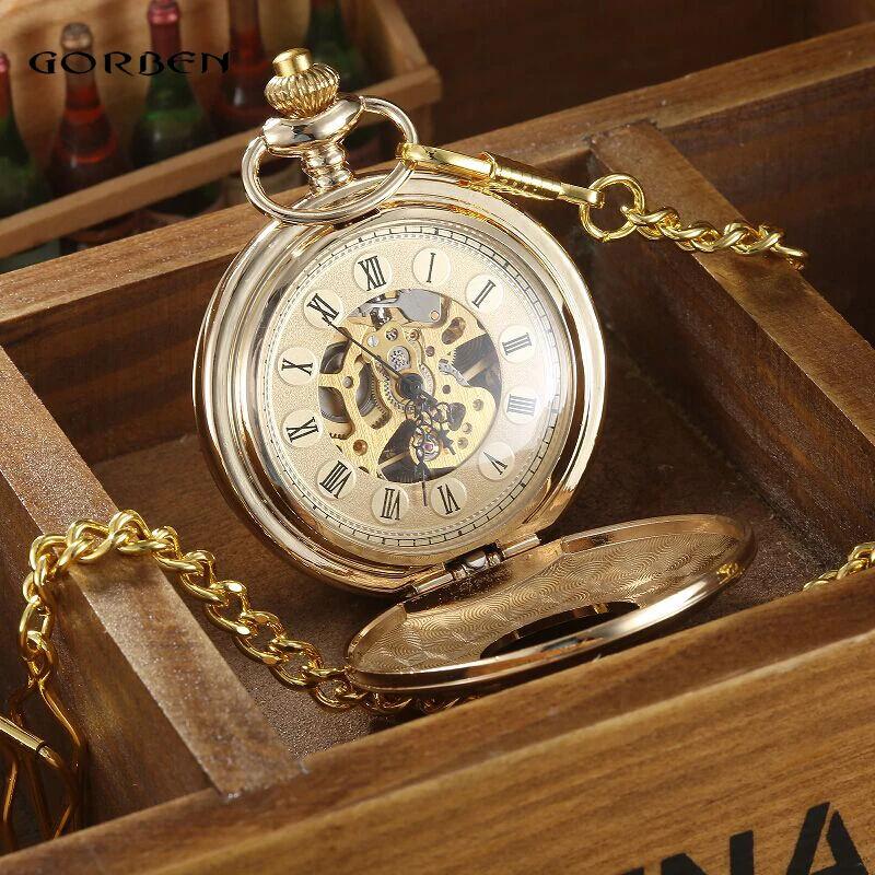 Vintage 2 Sides Open Case Mechanical Men's Watch Double Face Roman Dial Clock Hand Wind Pocket Watch With FOB Chain Gift