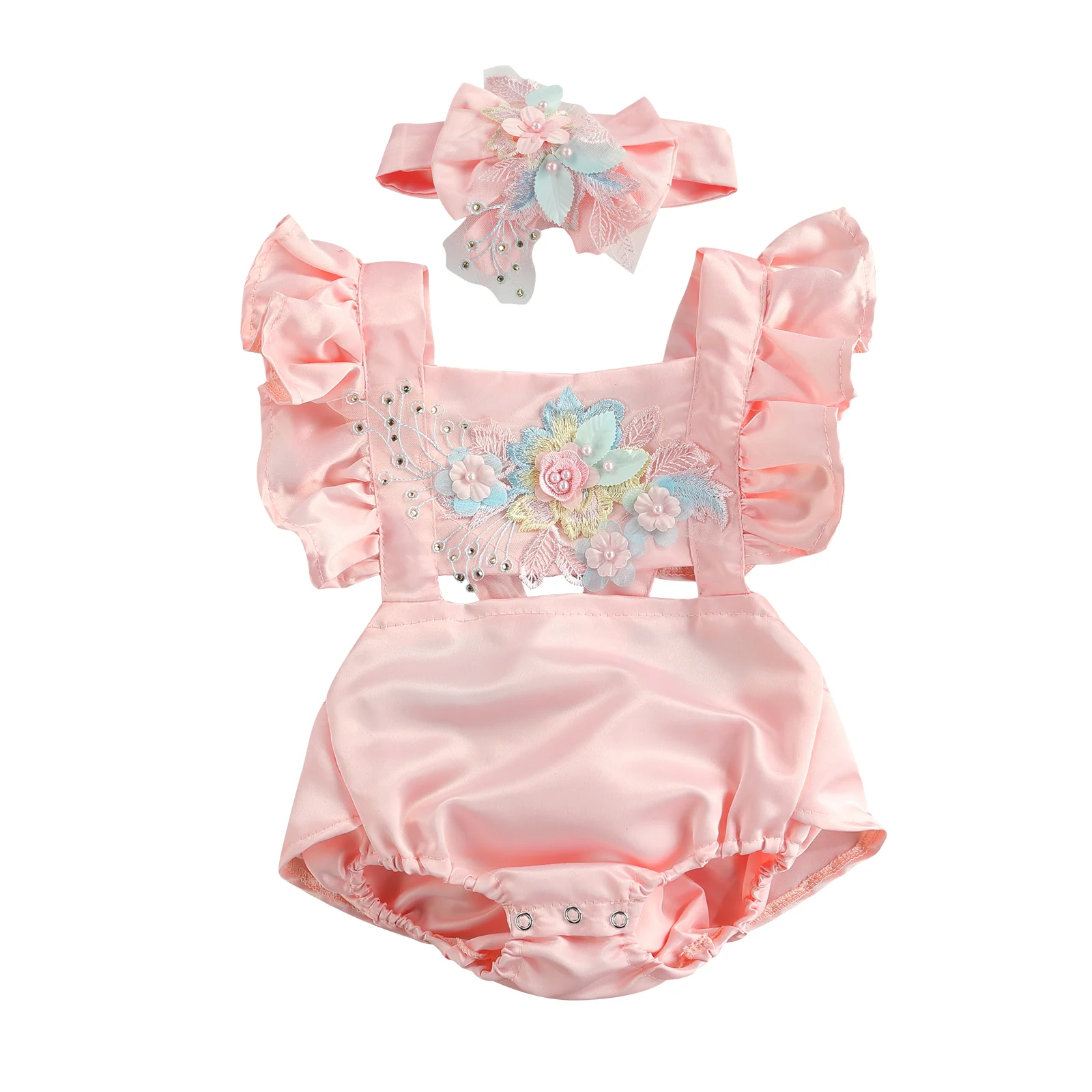 

2Pcs Baby Newborn Girls Embroidery Romper Flying Sleeve Square Neck Rompers Jumpsuit Headband Infant Toddler Summer Romper 0-18M