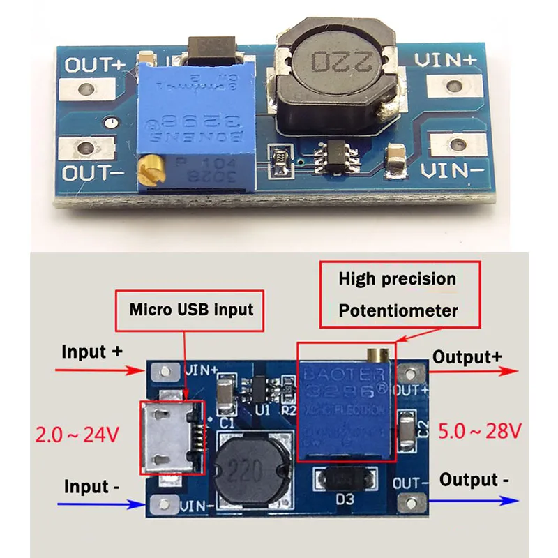 4pcs power supply DC-DC Adjustable Boost Module MAX Output 28V 2A Plate Step Up Module For Arduino MT3608