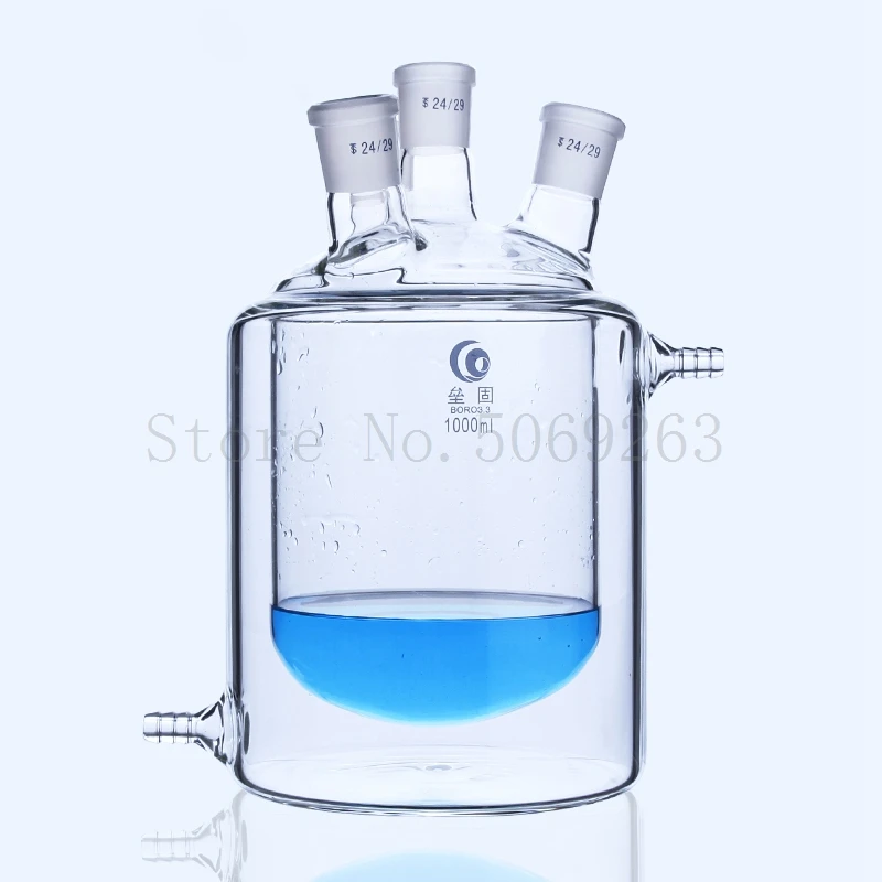 Flat Bottom Four Mouth Glass Jacketed Reaction Bottle Laboratory Double-layer Laboratory Reactor Flask