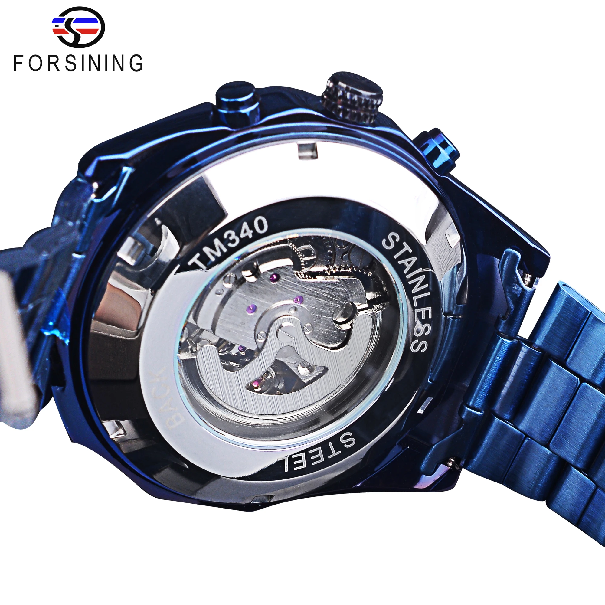 Forsining Mechanical Men\'s Wristwatch Skeleton Hollow Automatic Watch 3Bar Stainless Steel Men Watches Blue Fashion Reloj Hombre