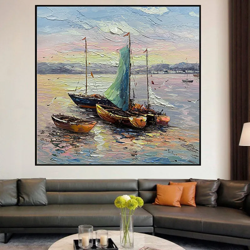 

100%Hand Oil Painting Nordic Abstract Paintings Boat Under The Aunset Wall Art Landscape Wall Picture Living Room Decor Painting