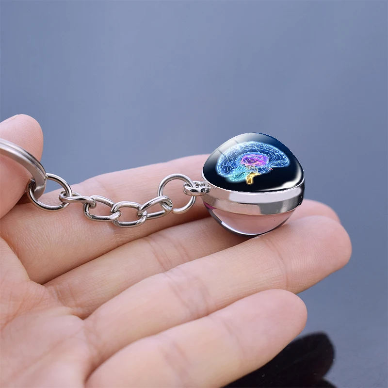 Human Head Skull Keychain Pendant Anatomy Science Brain Keychain Keyring Double Side Ball Key Chain Key Holder Doctor\'s Gift