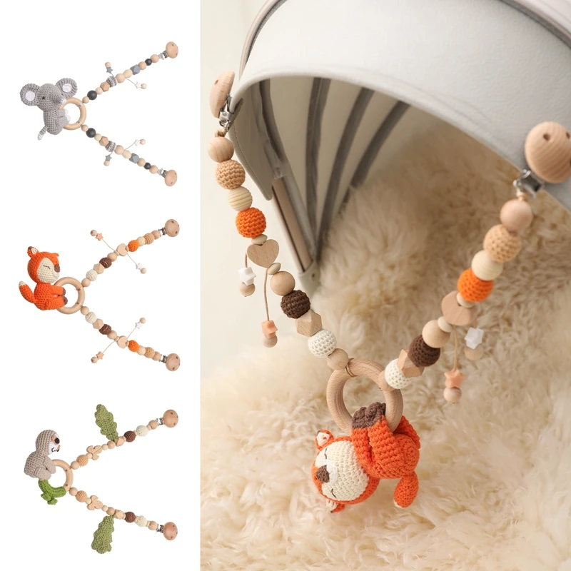 Baby New Animals Stroller Chain Wooden Pram Clip Pacifier Clip Chain Crochet Animal Teething Bracelet Mobile Stroller Toys