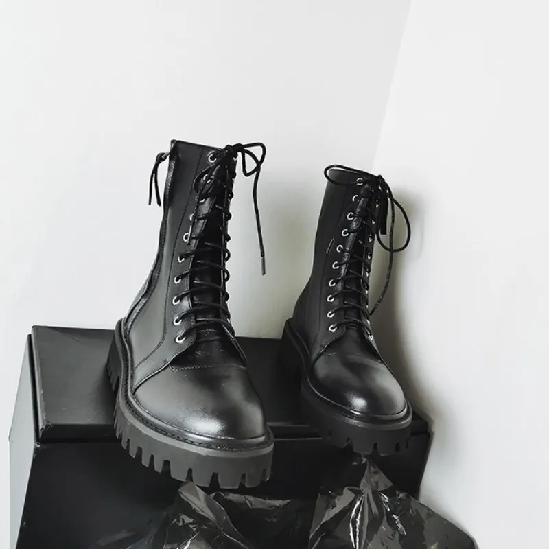 

Style Motorcycle Genuine Boyfriend Leather Ankle Boots Women Fashion Lace Up Gothic Punk Boots Female Winter Block Heels Shoes