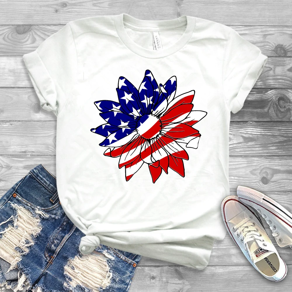 

2023 Patriotic USA Sunflower Shirt Women Fourth of July T-shirt Independence Day Sunflower Shirts America Flag Graphic Tee Tops