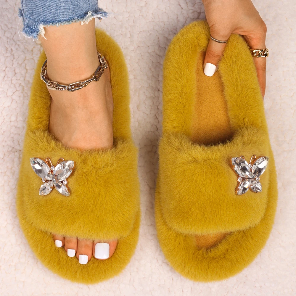 Sandals Slippers Ladies Fluffy Flip Flops Rhinestone Insect Decor Faux Fur Slides Luxury Designer Pearl Slippers Casual Shoes